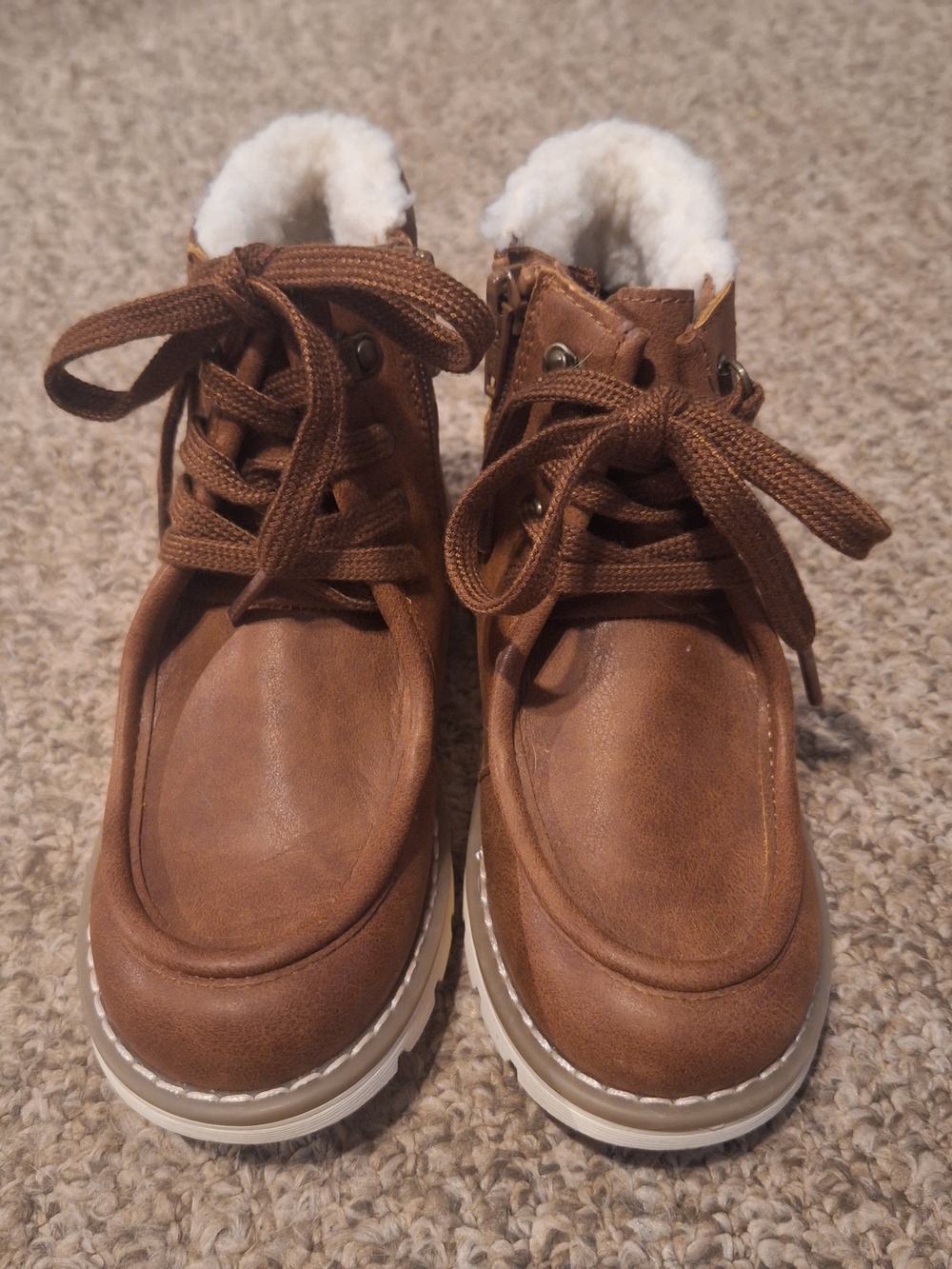 Old Navy Brown Faux-Leather Lace-Up Kids Boot with Sherpa Collar Sz 11